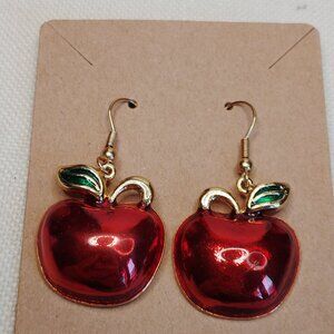 Red Enamel Apple Drop Earrings Gold Tone 1.5 Inch Dangle